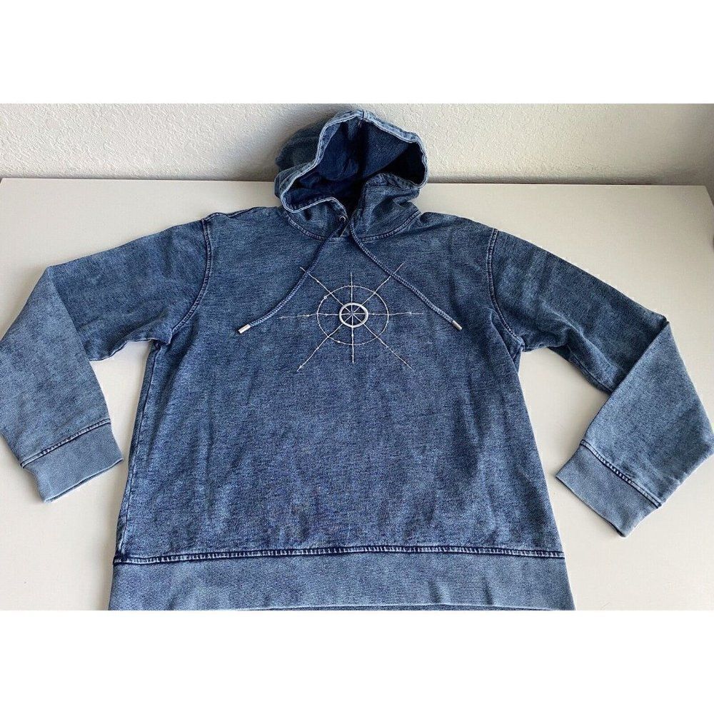 DR.WOO Los Angeles Size XL Blue Denim Effect Embroidered Compass Pullover Hoodie